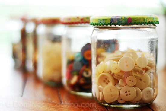 Organizing with Reused Jars: The trick to using jars for storage, and not make them look like you are a pack rat, is repetition. It makes it look 