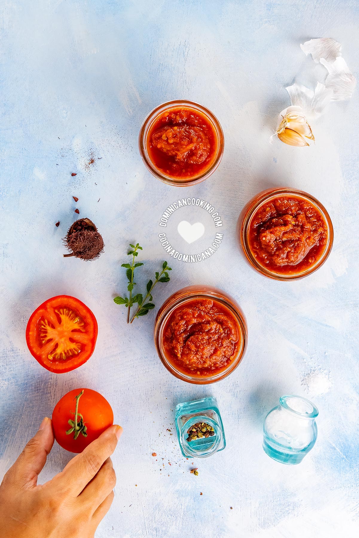Potes de salsa de tomate e ingredientes