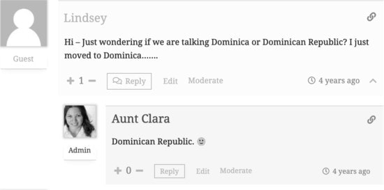 Captura pantalla conversación en el blog. - "Hola, preguntándome si estamos hablando de Dominica o la Rep. Dominicana? Acabo de mudarme a Dominica..."
- "República Dominicana"