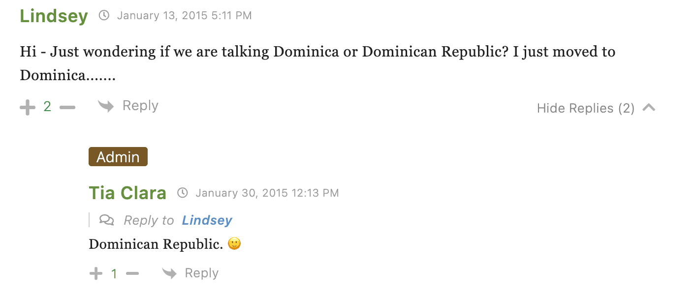 Comentario (traducido): "Hola - Me pregunto si estamos hablando de Dominica o de la República Dominicana. Me acabo de mudar a Dominica."
