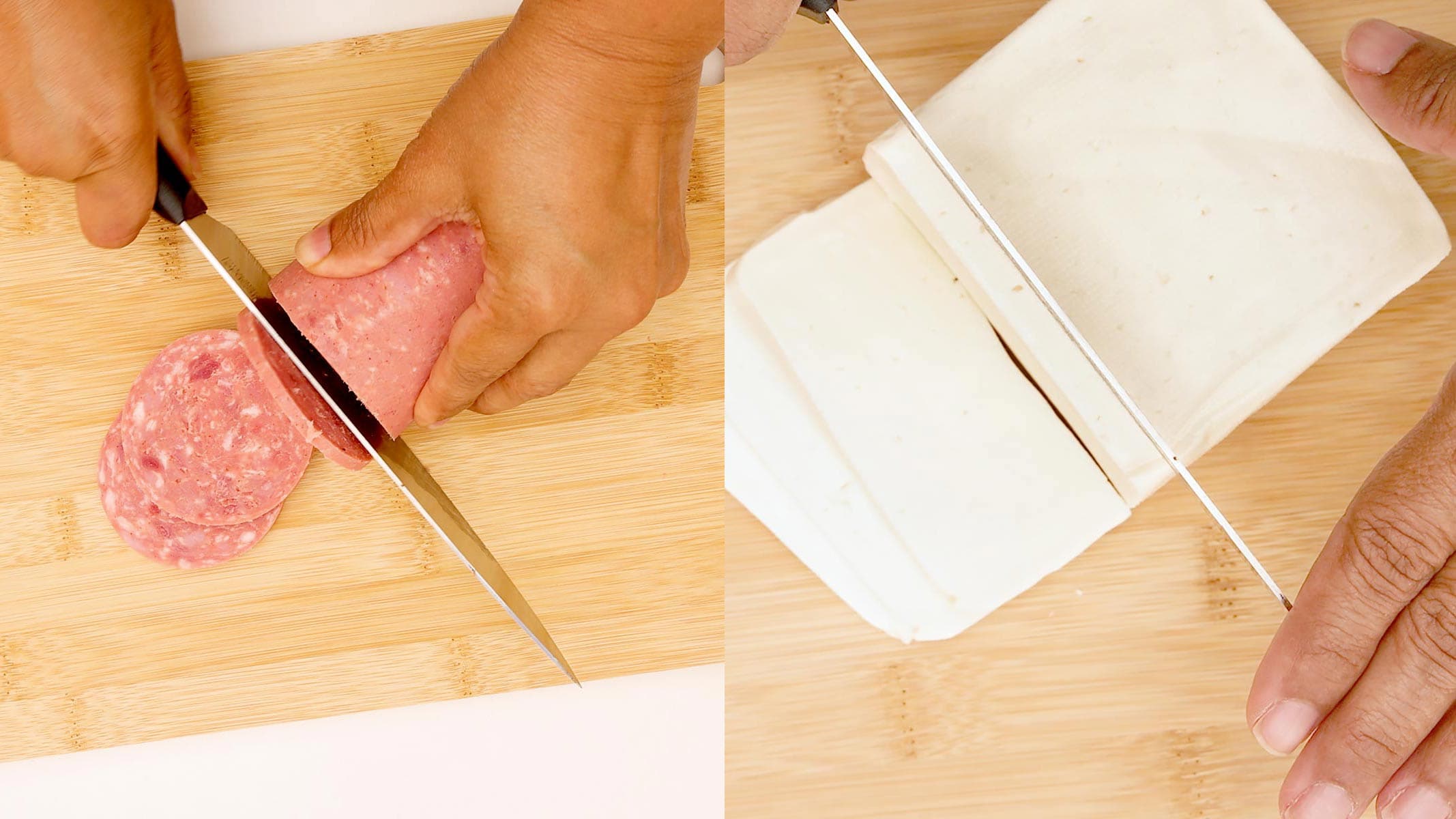 Rebanando salami y queso de freir.